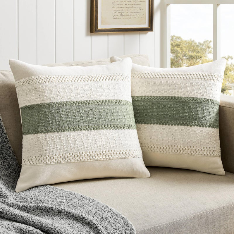 ZeeMart 2 Packs Cotton Boho Throw Pillow Covers 18x18 Inch Contrast Green  Soft Farmhouse Decorative Couch Pillow Cases Sage Green Cushion Covers for Sofa Bed Living Room Home Decor - Image 1
